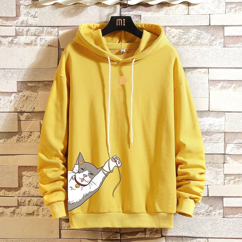 Lucky Chinese Cat Hoodie Yellow, XS - Streetwear Hoodie - Slick Street
