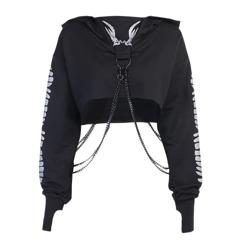 Demon Wings With Metal Chain Hoodie Black, XS - Streetwear Hoodie - Slick Street