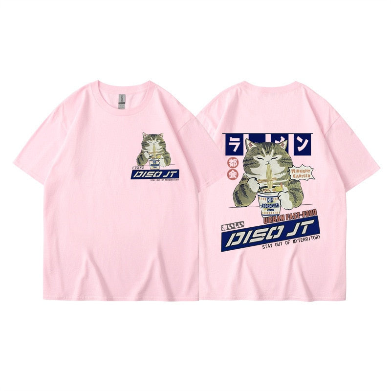 Midnight Canteen Cat Graphic T-Shirt Pink, XXS - Streetwear Shirt - Slick Street