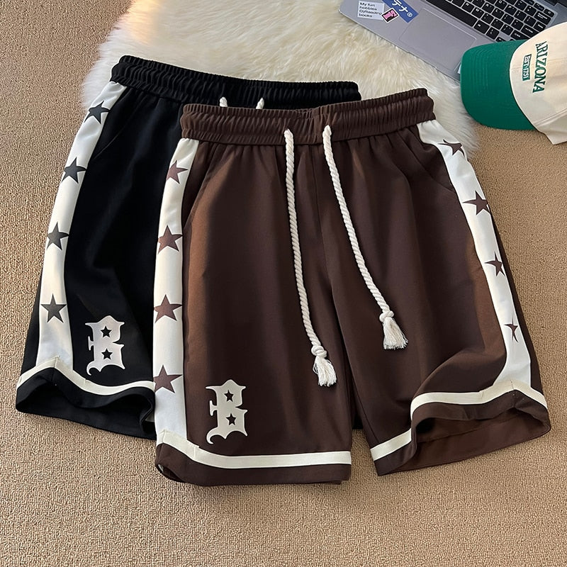 B Letter Drawstring Stars Patchwork Shorts ,  - Streetwear Shorts - Slick Street