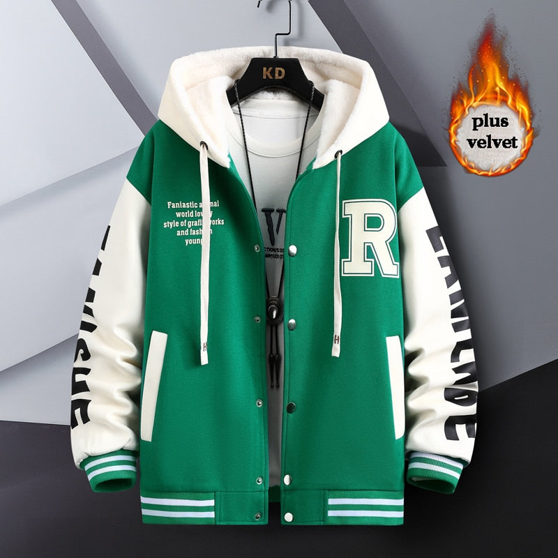R Quilted Thermal Hooded Varsity Jacket Green, XS - Streetwear Hoodie - Slick Street