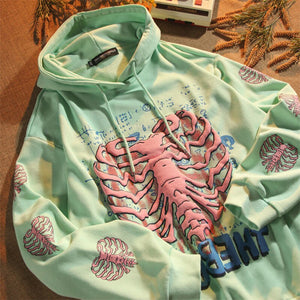 Y2K Skeleton Puff Print Hoodie Green, XS - Streetwear Hoodie - Slick Street