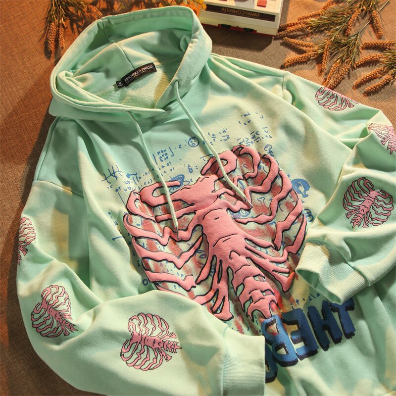 Y2K Skeleton Puff Print Hoodie Green, XS - Streetwear Hoodie - Slick Street