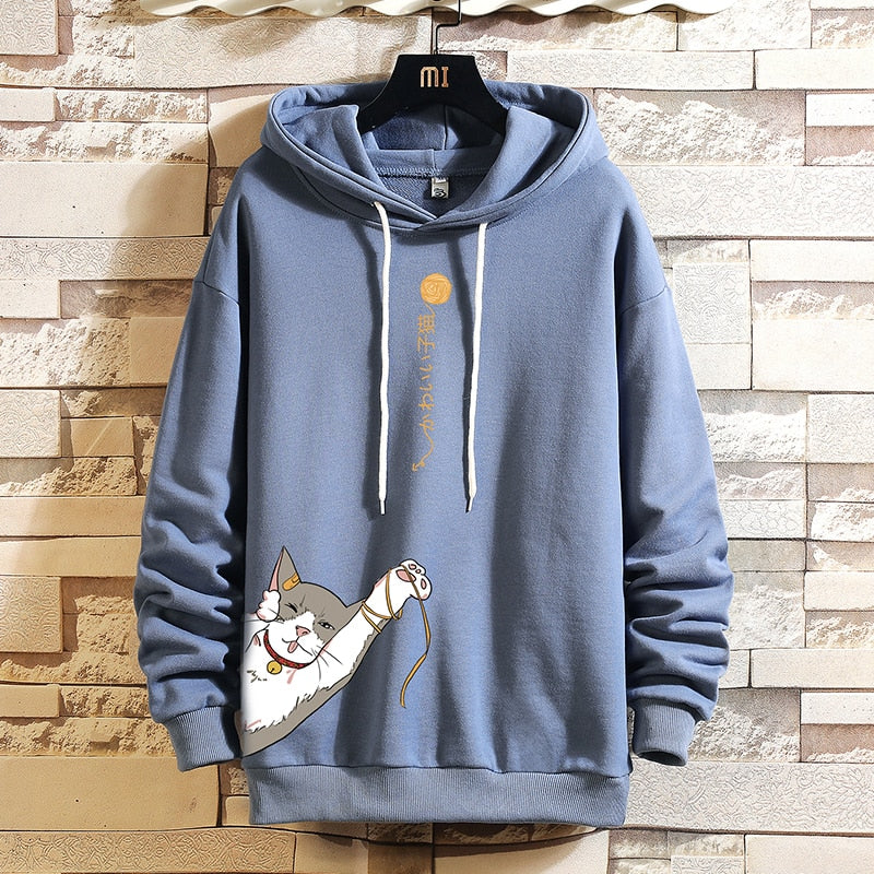 Lucky Chinese Cat Hoodie Blue, XS - Streetwear Hoodie - Slick Street