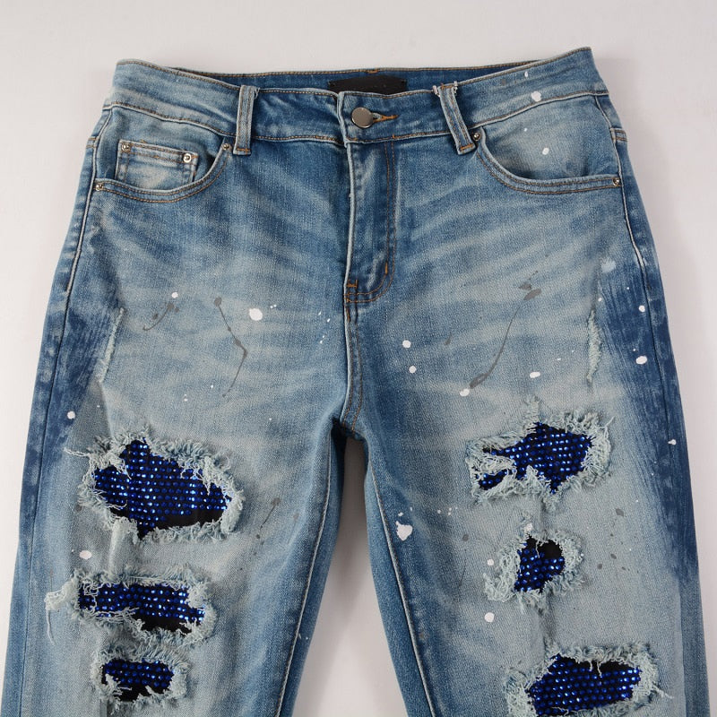 Sapphire Distressed Rhinestone Slim Jeans ,  - Streetwear Jeans - Slick Street