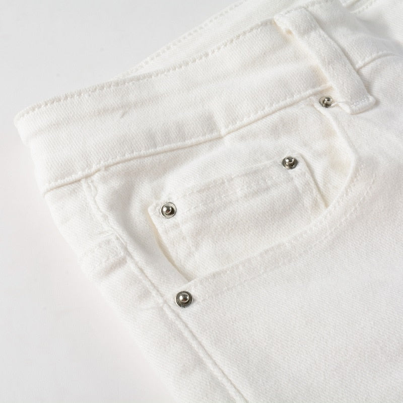 White Distressed Rhinestone Slim Jeans ,  - Streetwear Jeans - Slick Street