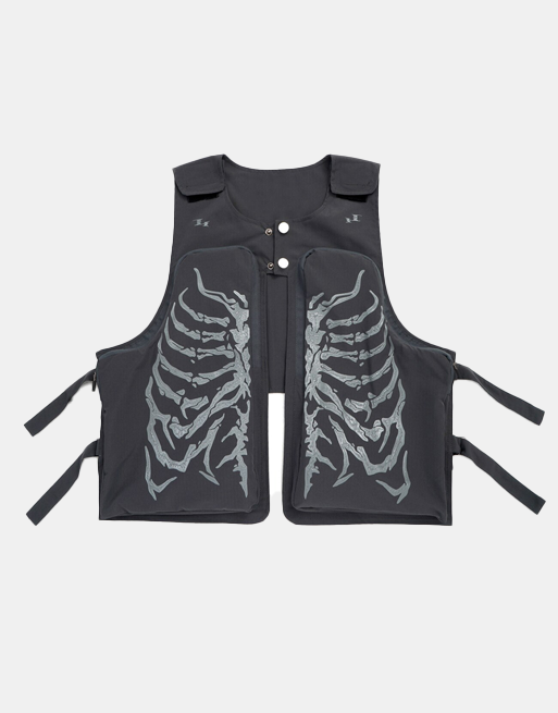 Skeleton Print Vest Gray, One Size - Streetwear Vest - Slick Street