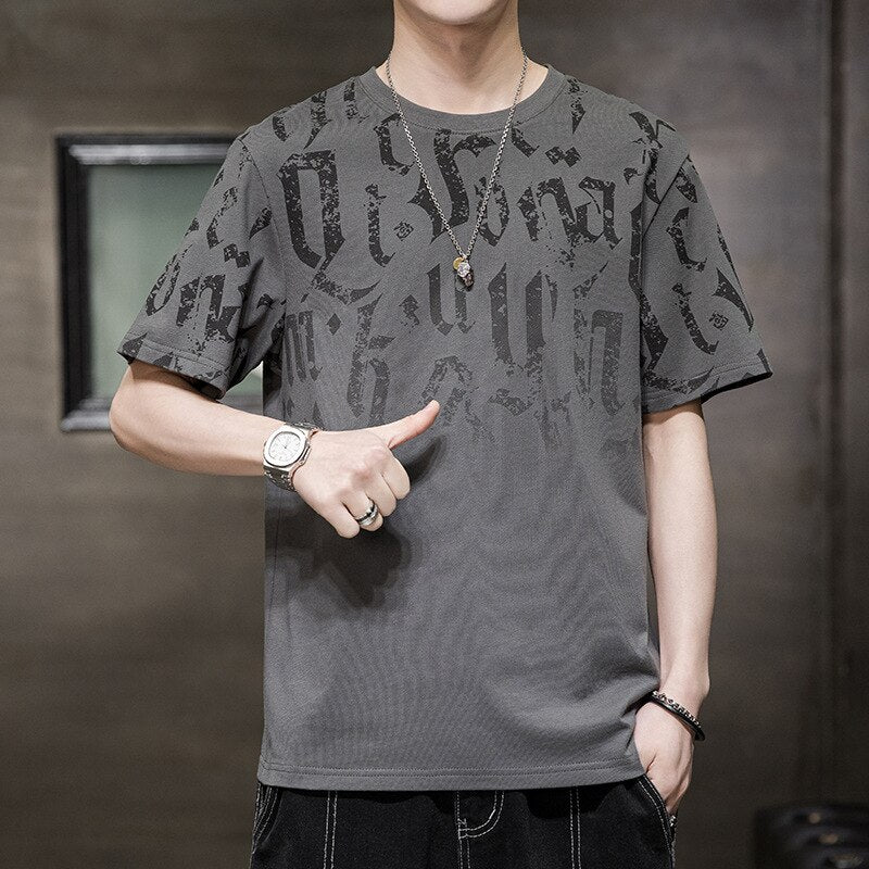Letter Print Gradient T-Shirt Gray, XS - Streetwear T-Shirt - Slick Street
