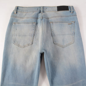 Light Blue Distressed Onyx Rhinestone Slim Jeans ,  - Streetwear Jeans - Slick Street