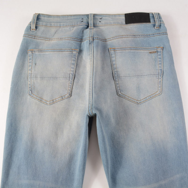 Light Blue Distressed Onyx Rhinestone Slim Jeans ,  - Streetwear Jeans - Slick Street