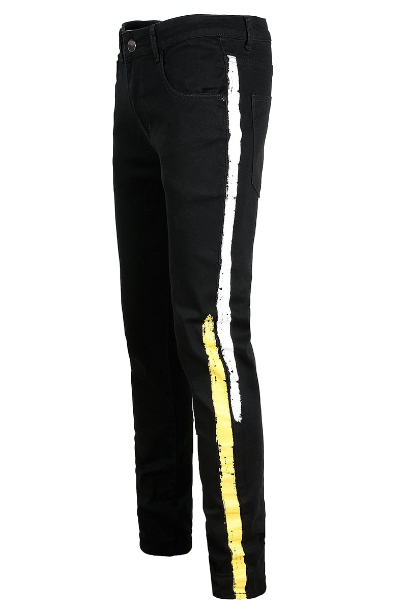 Two Stripes Color Line Jeans 28, White Yellow - Streetwear Jeans - Slick Street