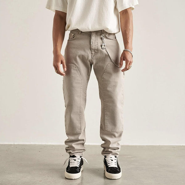 Solid Color Multi Pockets Denim Pants 30, Khaki - Streetwear Pants - Slick Street