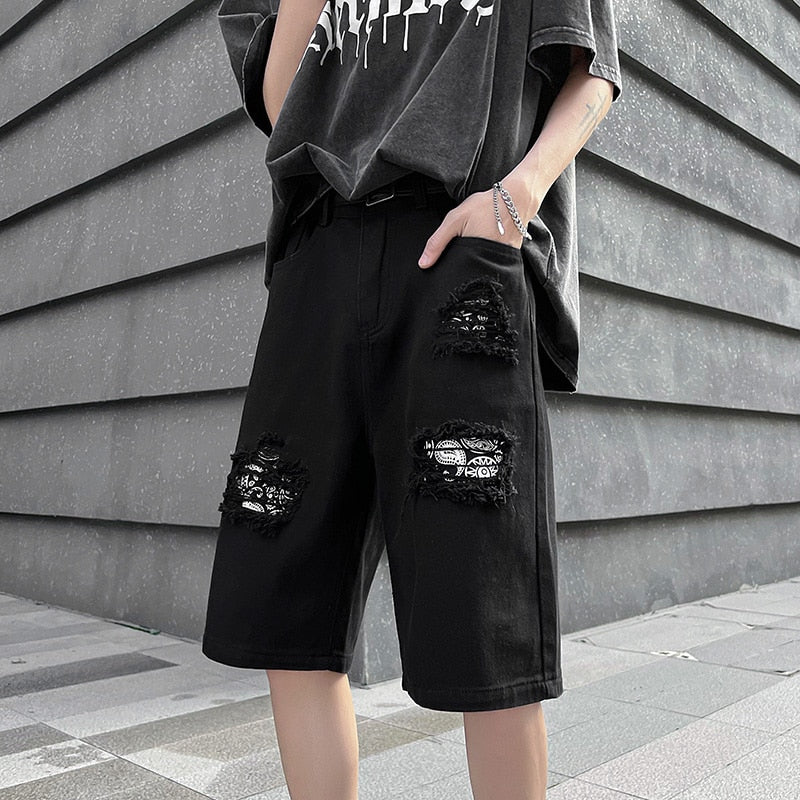 Ripped Hole Patchwork Knee Length Shorts Black, XXS - Streetwear Shorts - Slick Street