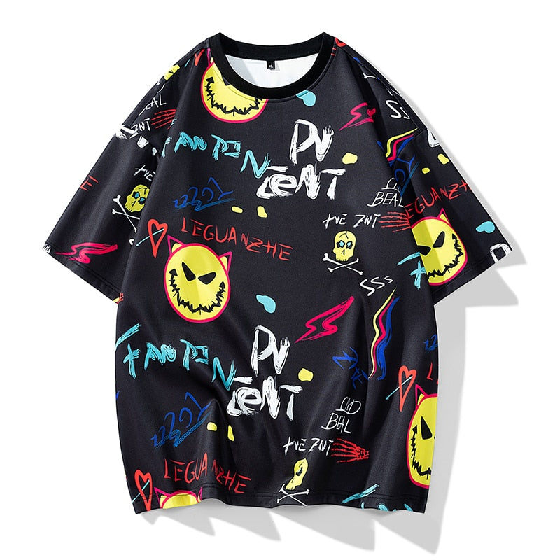 Devil Laugh With Multi Emoticons O-Neck T-Shirts Black, XXS - Streetwear T-Shirt - Slick Street