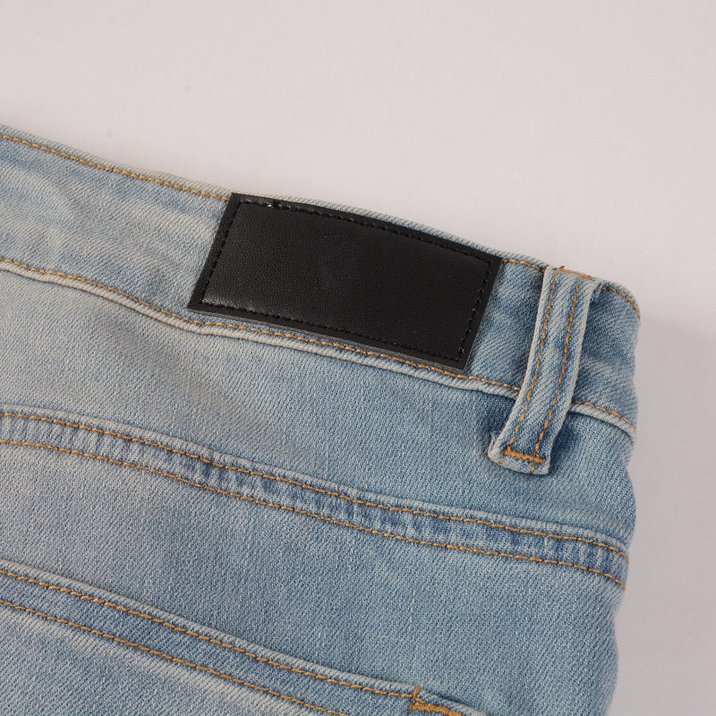 Light Blue Distressed Onyx Rhinestone Slim Jeans ,  - Streetwear Jeans - Slick Street