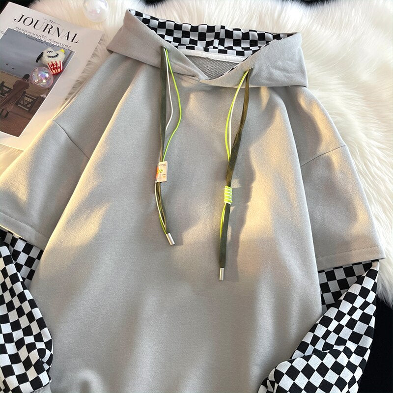 Vichy Checkered Pullover Hoodie Grey, XS - Streetwear Hoodie - Slick Street