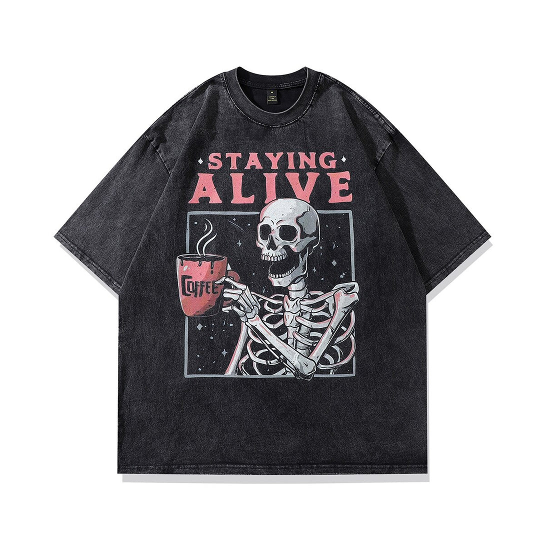 Staying Alive Skeleton T-Shirt Black, XS - Streetwear T-Shirt - Slick Street