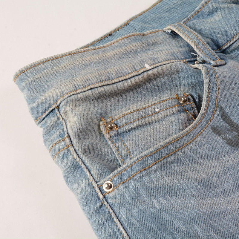 Light Blue Distressed Onyx Rhinestone Slim Jeans ,  - Streetwear Jeans - Slick Street