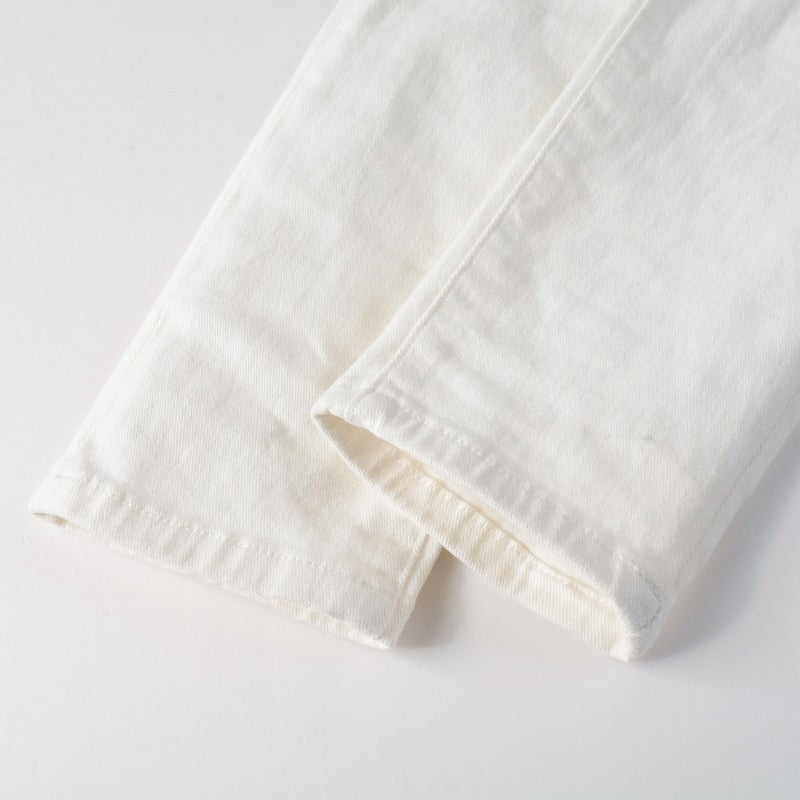 White Distressed Rhinestone Slim Jeans ,  - Streetwear Jeans - Slick Street