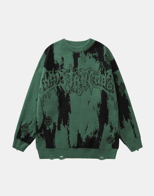 Monochrome Distressed Sweater Green, XS - Streetwear Sweater - Slick Street