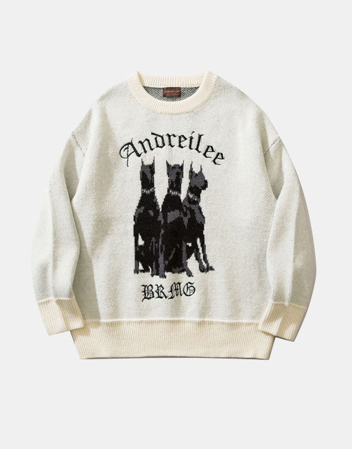 Y2K Doberman Andreilee Graphic Sweater White, XS - Streetwear Sweater - Slick Street