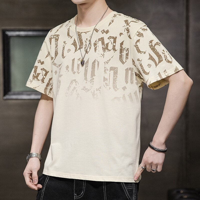 Letter Print Gradient T-Shirt Khaki, XS - Streetwear T-Shirt - Slick Street