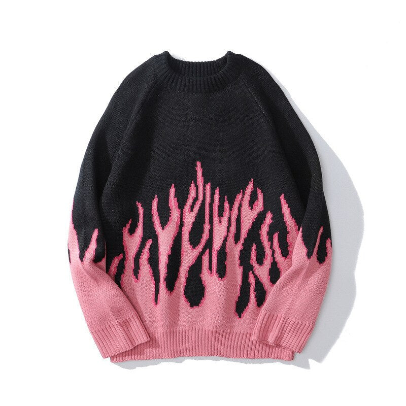 Knitted Vintage Flame Sweater Pink, XS - Streetwear Sweatshirt - Slick Street