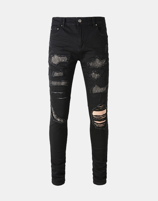 Obsidian Distressed Rhinestone Slim Black Jeans ,  - Streetwear Jeans - Slick Street
