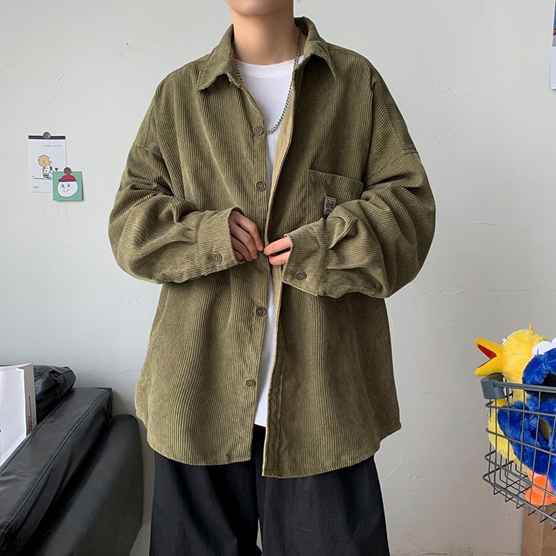 Corduroy Velvet Collar Shirt Green, XS - Streetwear Shirt - Slick Street