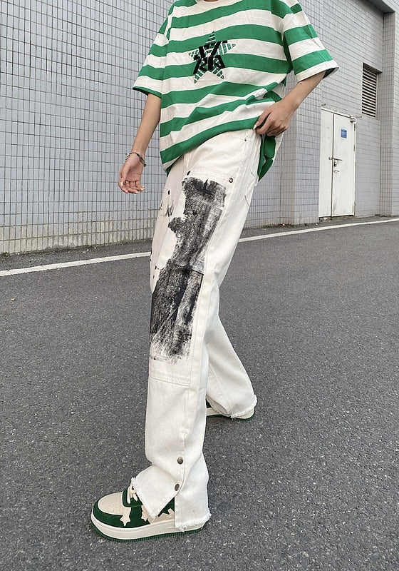 Herringbone Graffiti Print White Straight Jeans ,  - Streetwear Jeans - Slick Street