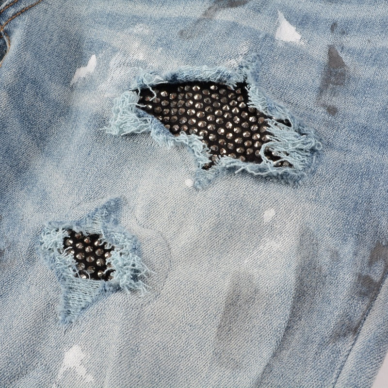 Distressed Silver Rhinestone Slim Blue Jeans ,  - Streetwear Jeans - Slick Street