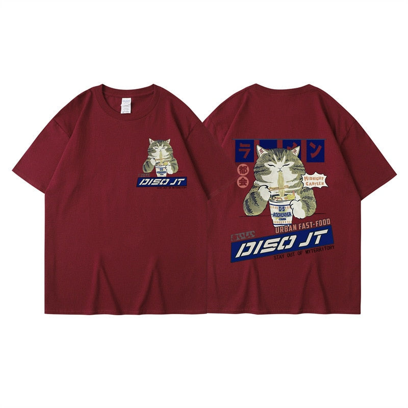 Midnight Canteen Cat Graphic T-Shirt Wine Red, XXS - Streetwear T-Shirt - Slick Street