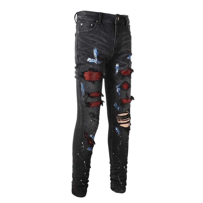 Ruby Distressed Rhinestone Slim Black Jeans ,  - Streetwear Jeans - Slick Street