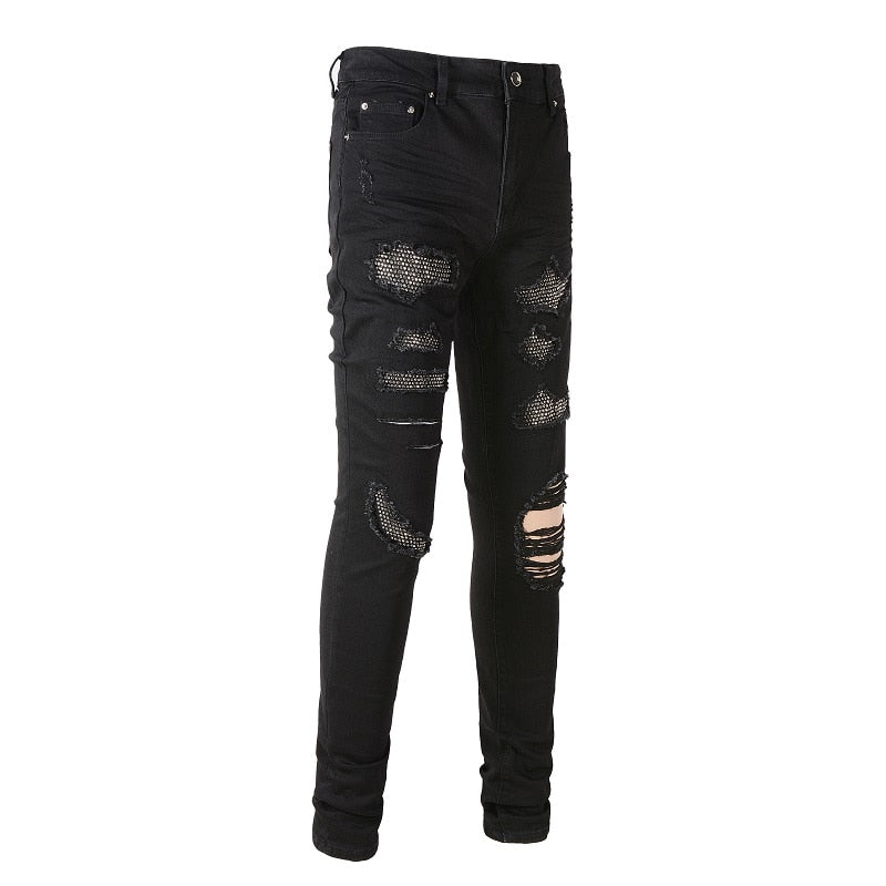Obsidian Distressed Rhinestone Slim Black Jeans ,  - Streetwear Jeans - Slick Street