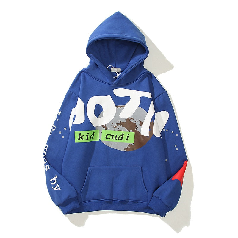 Kid Cudi Earth And Moon Print Hoodie Blue, XS - Streetwear Hoodie - Slick Street
