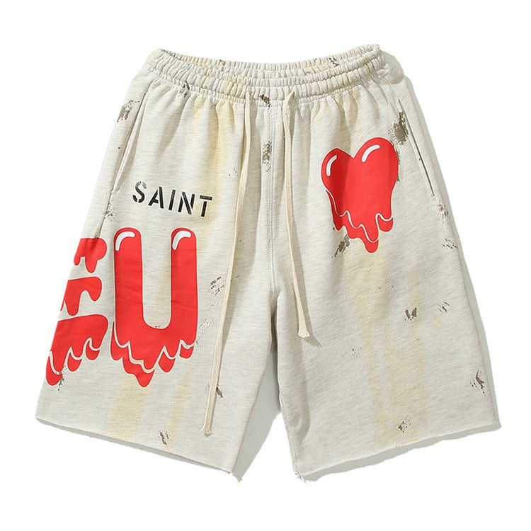 EU Saint Red Heart Shorts Beige, XS - Streetwear Shorts - Slick Street