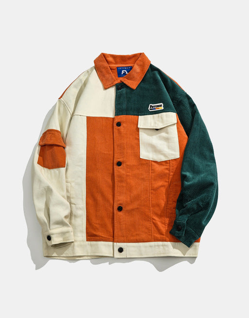 90's Color Block Patchwork Corduroy Retro Shirt Orange, XS - Streetwear Shirt - Slick Street