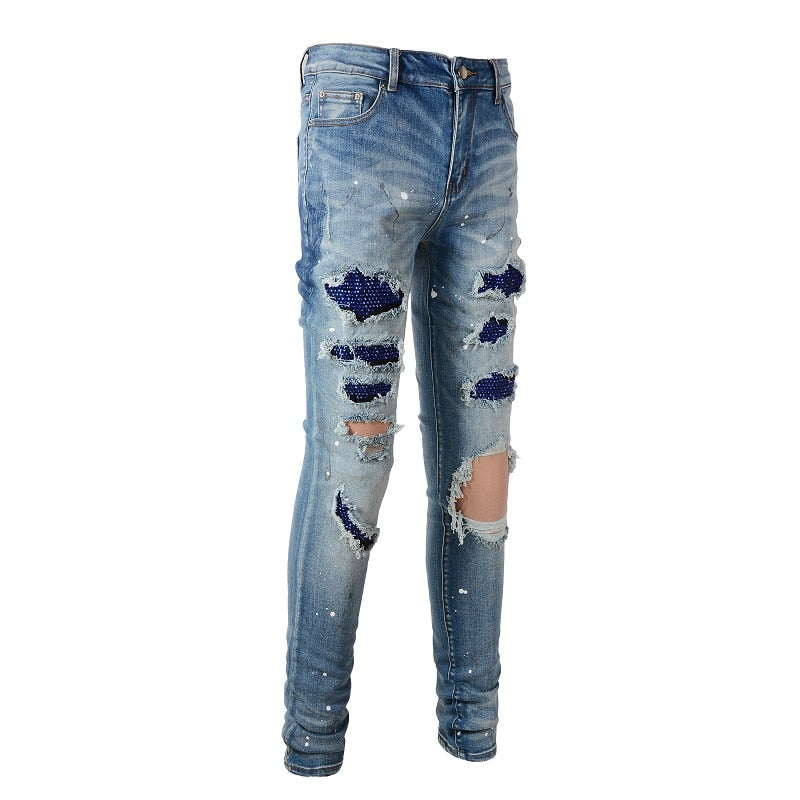 Sapphire Distressed Rhinestone Slim Jeans ,  - Streetwear Jeans - Slick Street