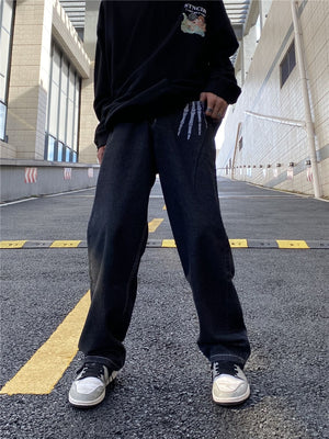 Skeleton Hand Black Jeans ,  - Streetwear Jeans - Slick Street
