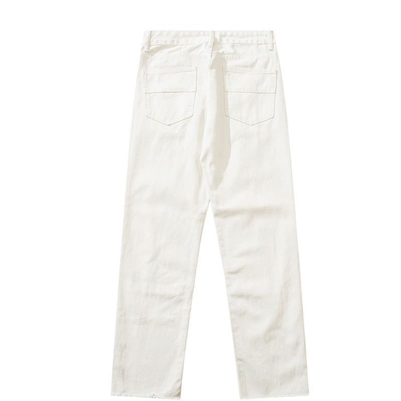 Herringbone Graffiti Print White Straight Jeans ,  - Streetwear Jeans - Slick Street