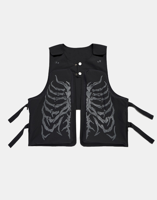 Skeleton Print Vest Black, One Size - Streetwear Vest - Slick Street