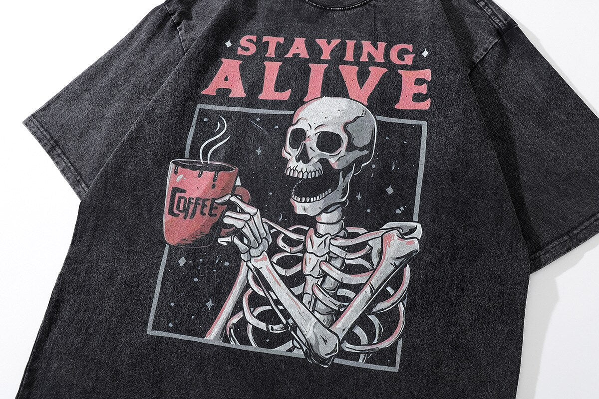 Staying Alive Skeleton T-Shirt , - Streetwear T-Shirts - Slick Street