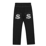 Dollar Print Black Denim Jeans Black, S - Streetwear Jeans - Slick Street