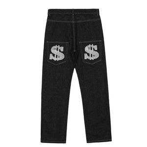 Dollar Print Black Denim Jeans Black, S - Streetwear Jeans - Slick Street