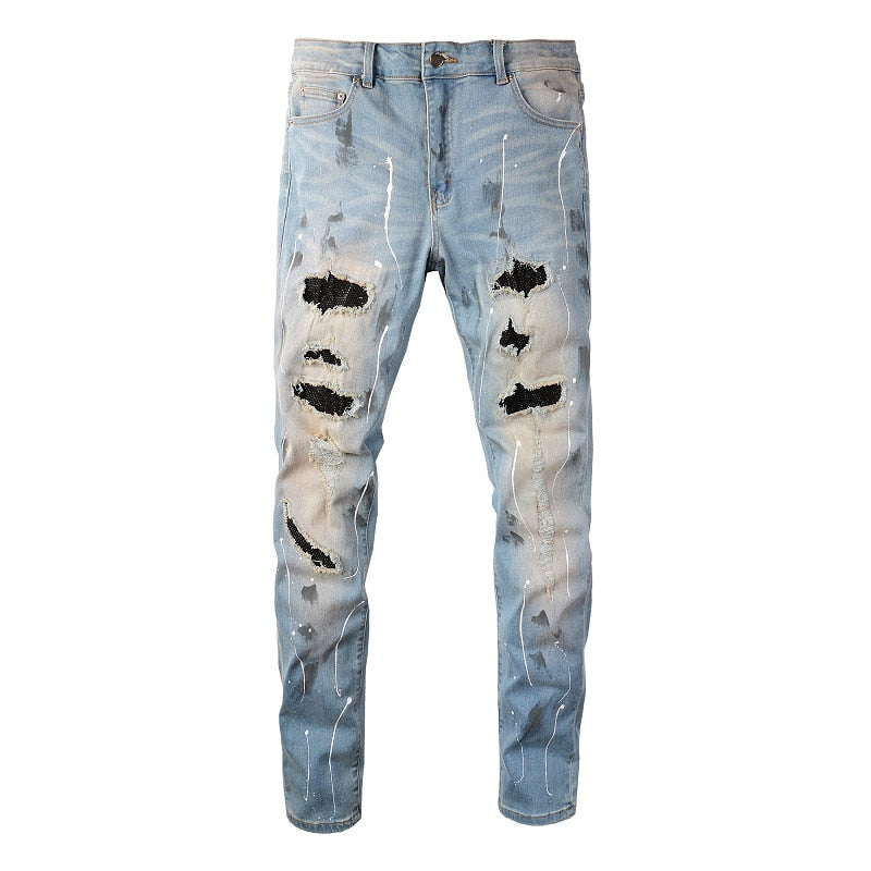 Light Blue Distressed Onyx Rhinestone Slim Jeans Light Blue, 28 - Streetwear Jeans - Slick Street
