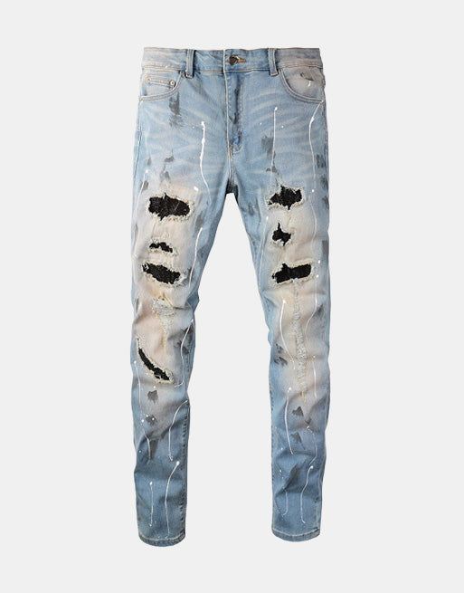 Light Blue Distressed Onyx Rhinestone Slim Jeans ,  - Streetwear Jeans - Slick Street
