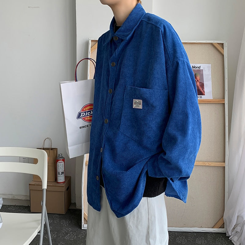 Corduroy Velvet Collar Shirt Blue, XS - Streetwear Shirt - Slick Street