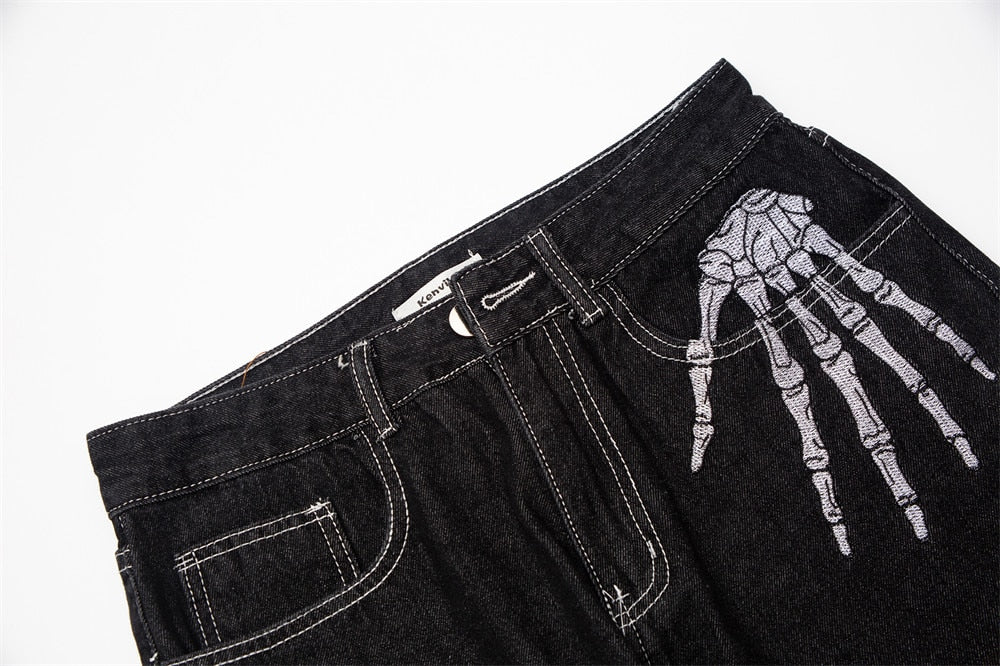 Skeleton Hand Black Jeans ,  - Streetwear Jeans - Slick Street