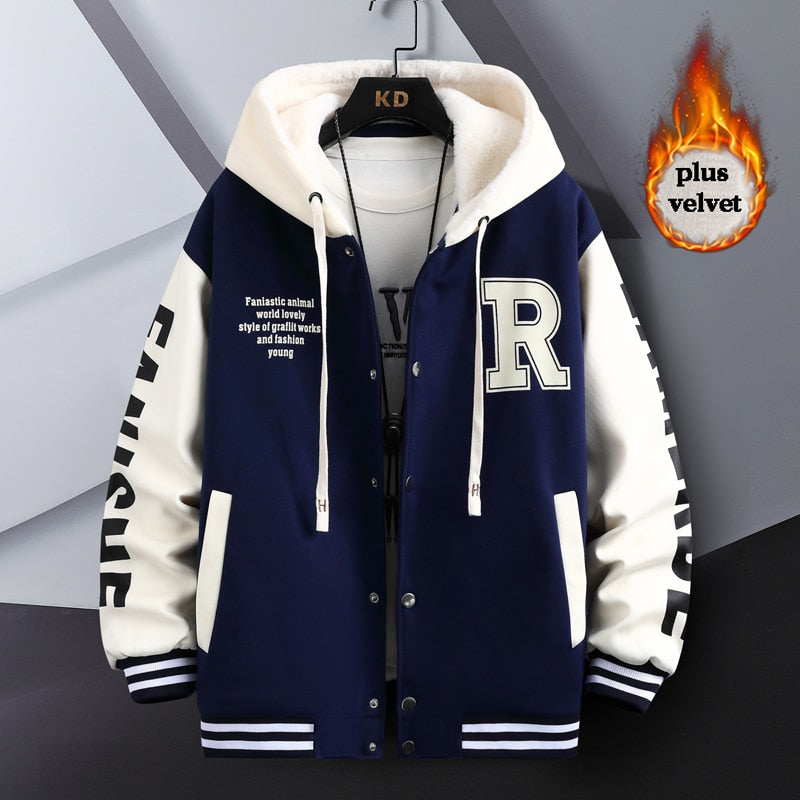 R Quilted Thermal Hooded Varsity Jacket Navy, XS - Streetwear Hoodie - Slick Street