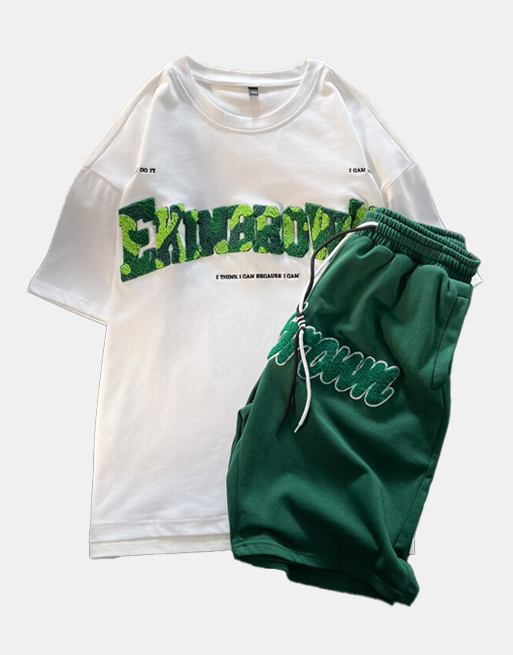Ekinbrown Tee & Shorts Set White Dark Green, XS - Streetwear Tee - Slick Street
